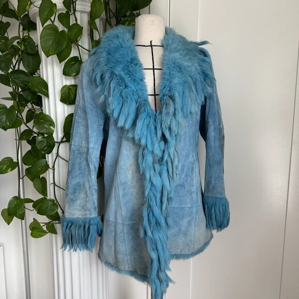 Robins Egg Blue Mink Fur Trim Leather Jacket - Picture 5 of 5